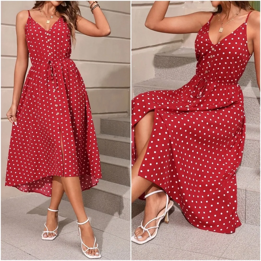 Red Polka Dot Button Summer Dress - Picture 1 of 3